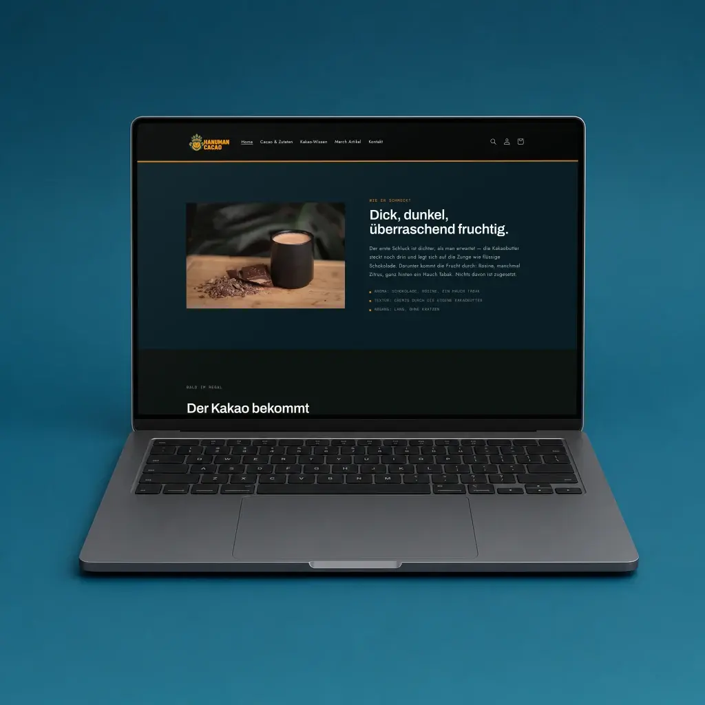 Geschmack „Dick, dunkel, überraschend fruchtig.“ auf einem Laptop