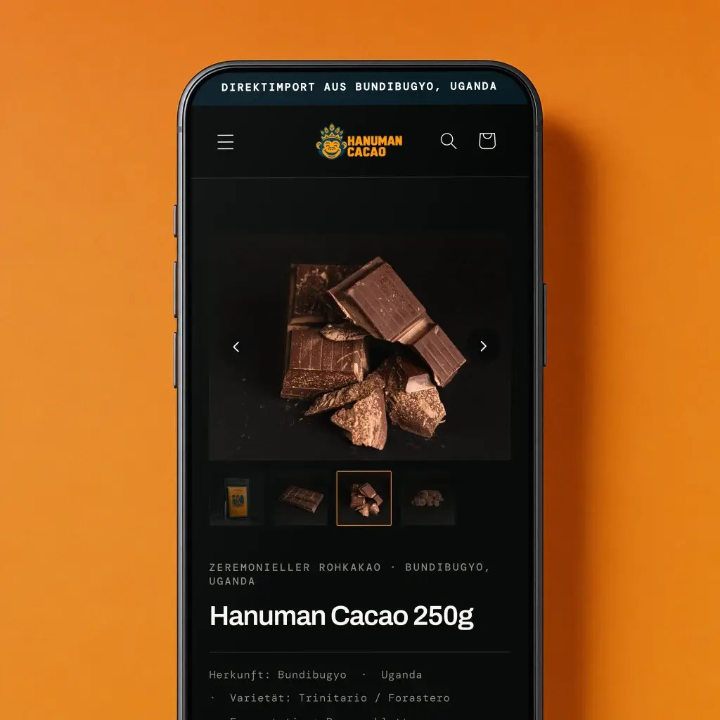Produktseite „Hanuman Cacao 250g“ mit Bildergalerie auf einem Handy