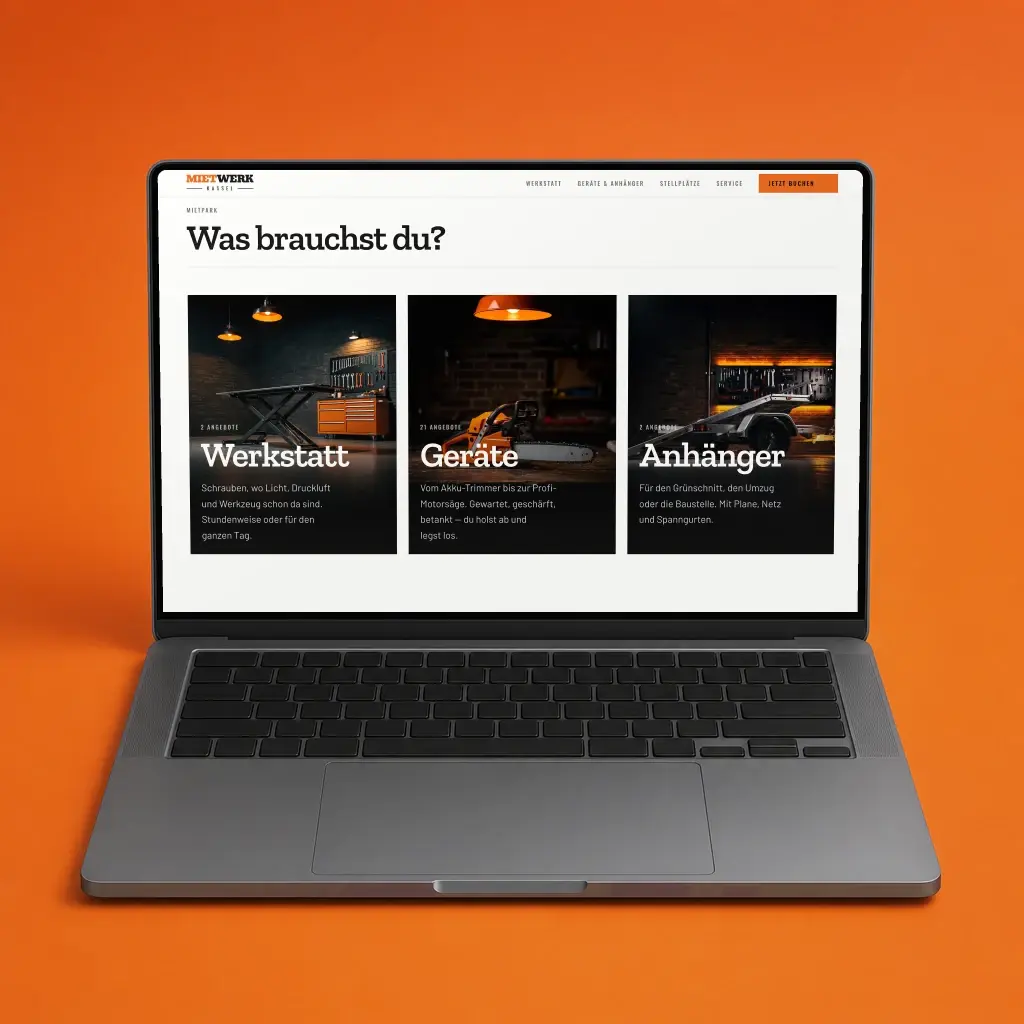 Auswahl „Was brauchst du?“ mit Werkstatt, Geräte und Anhänger auf einem Laptop