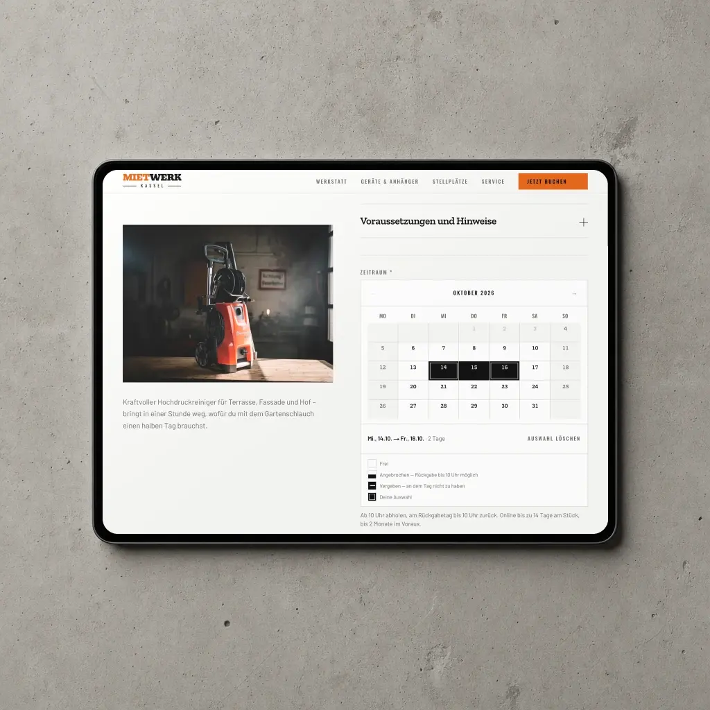 Buchungskalender einer Geräteseite mit zwei gewählten Tagen auf einem Tablet
