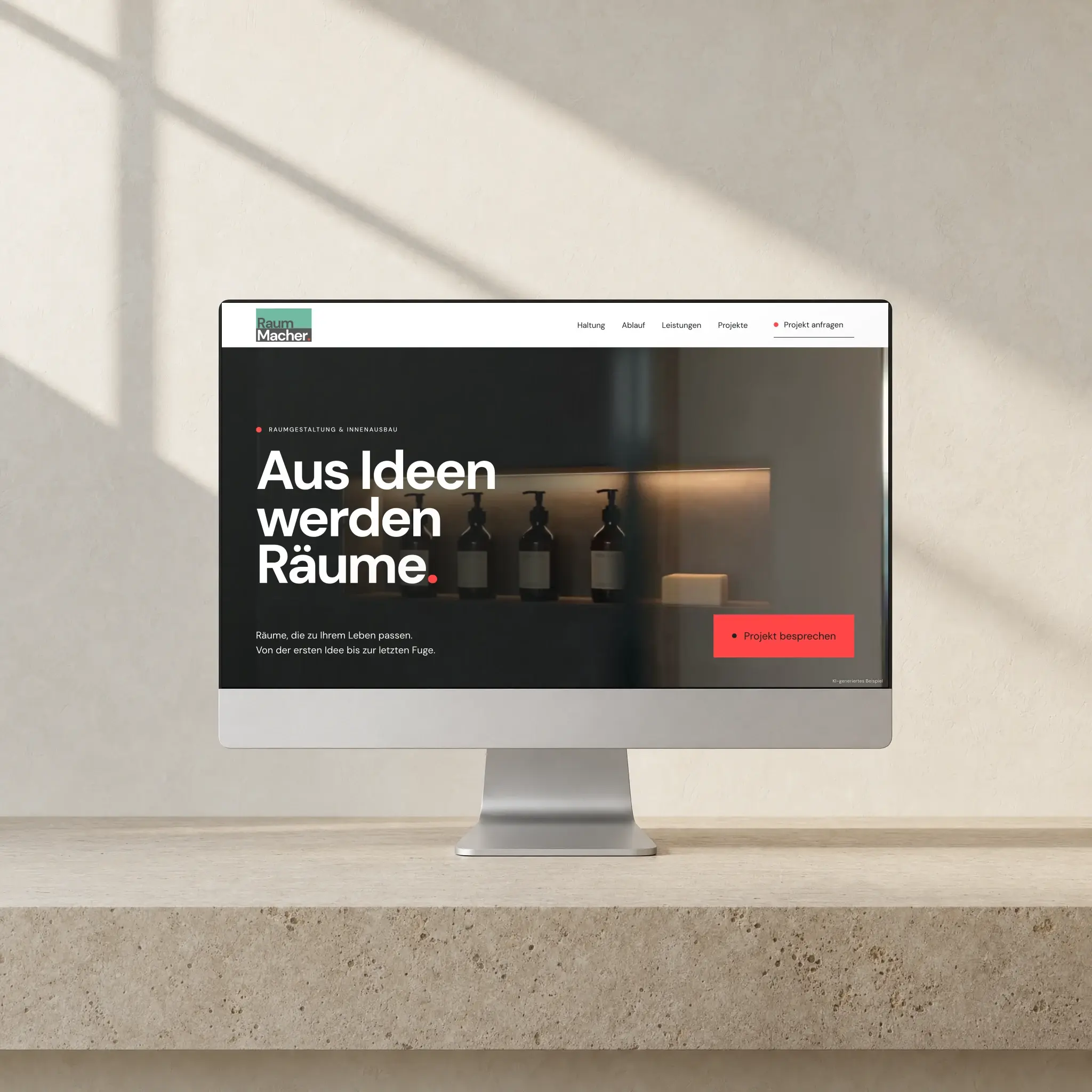 RaumMacher-Startseite „Aus Ideen werden Räume.“ auf einem Desktop-Bildschirm