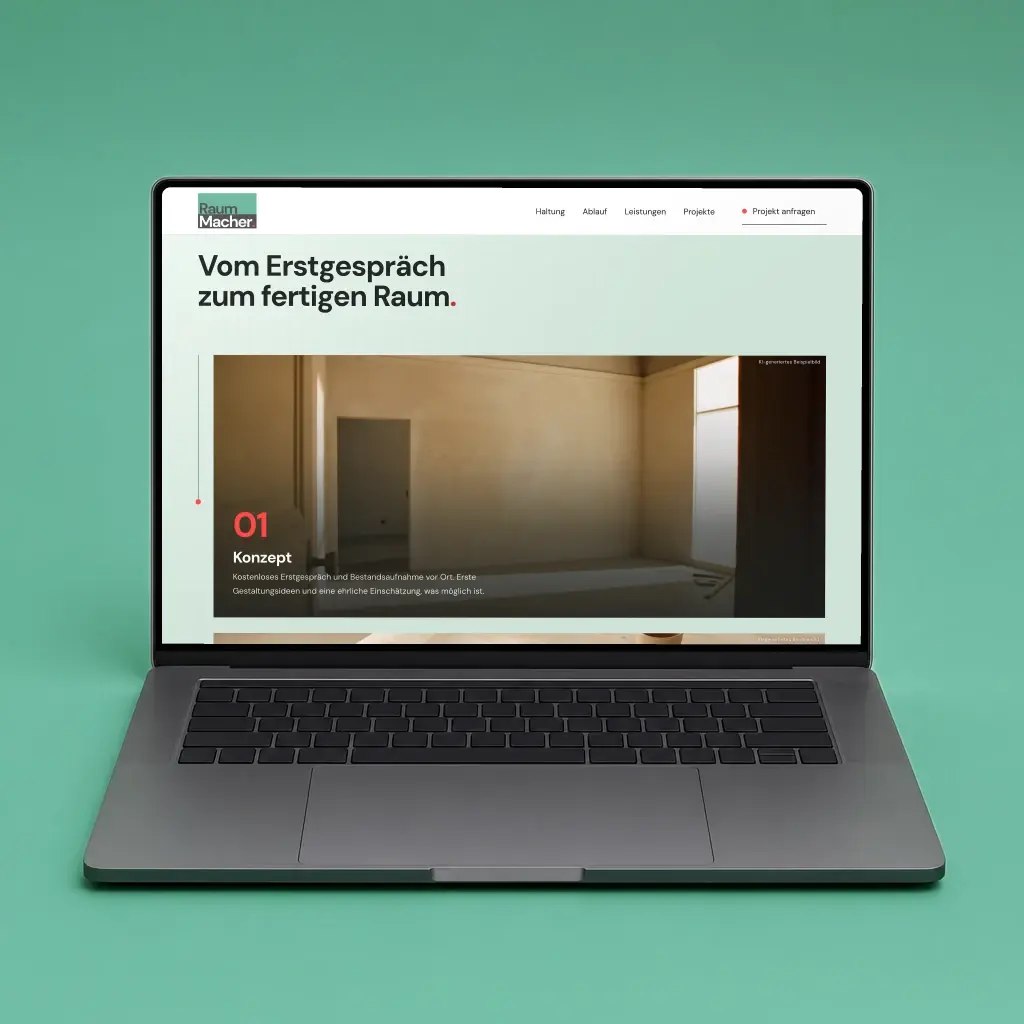 Ablauf „Vom Erstgespräch zum fertigen Raum.“ auf einem Laptop