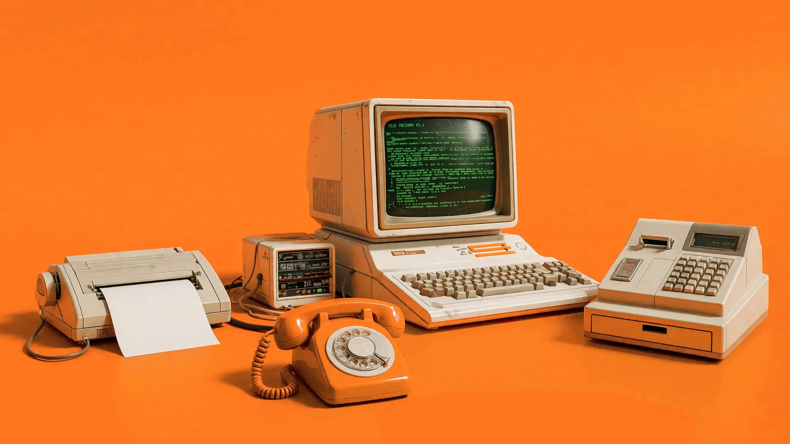 Faxgerät, Röhrencomputer, Wählscheibentelefon und Registrierkasse vor orangem Hintergrund